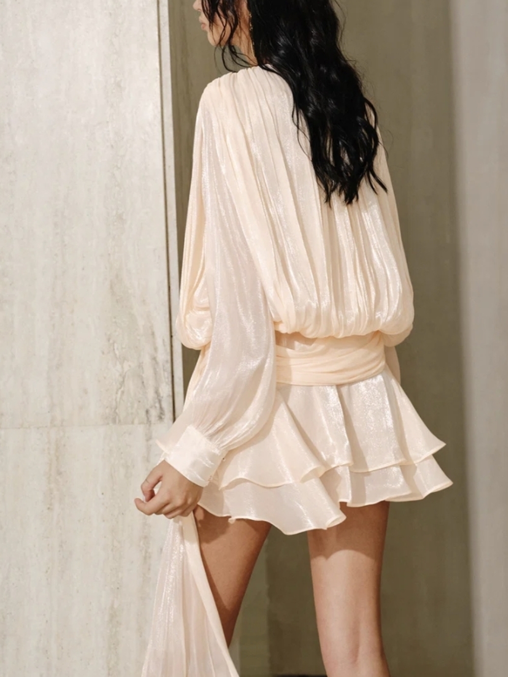 Commense Tiered Mini Dress Ruffle Asymetrical Waist Tie Ivory XS NWT - Picture 3 of 6